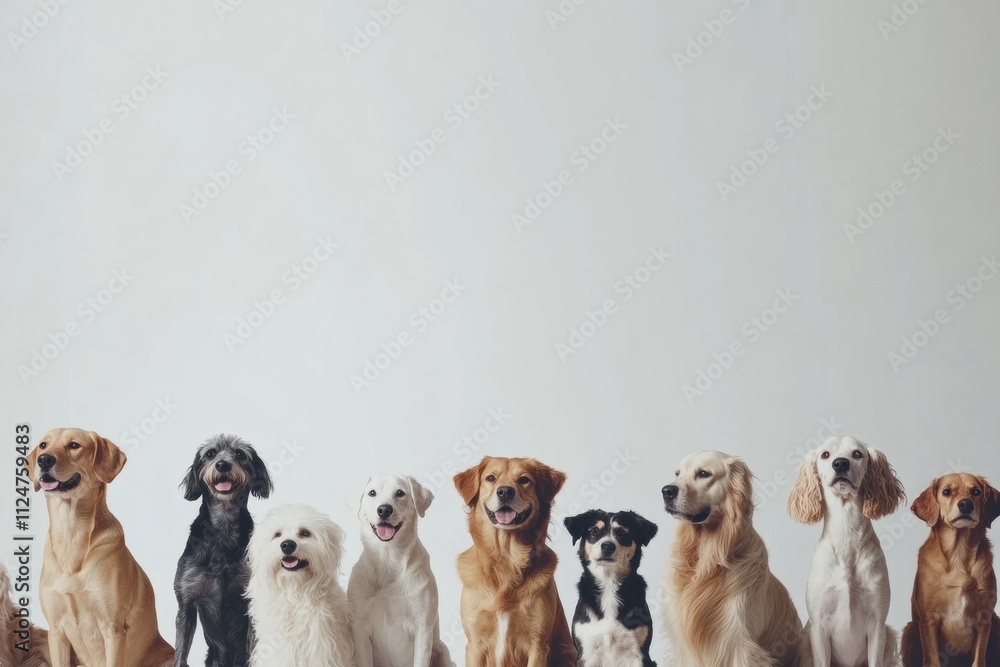 Poster A cheerful gathering of dogs includes multiple breeds and sizes, posing together in a friendly manner against a neutral backdrop. Generative AI