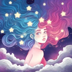 Dreamy ethereal illustration of a young woman adorned with rainbow glowing stars