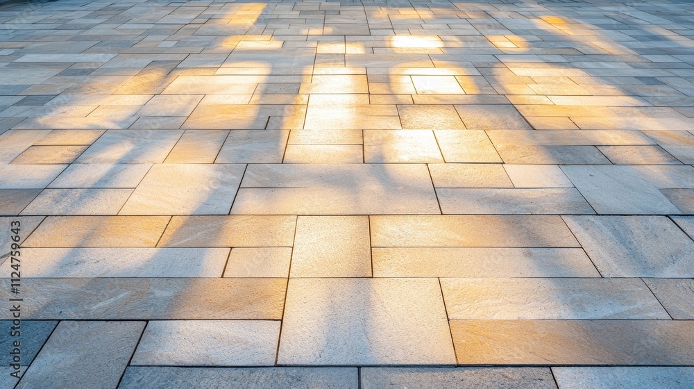 Poster a serene view of a stone pavement reflecting warm sunlight, creating soft shadows and an inviting at