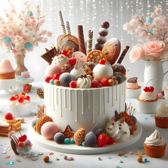 An extravagant cake adorned with an assortment of sweet treats and decorations.Surrounded by cupcakes and pastries, the scene exudes a festive and indulgent atmosphere.