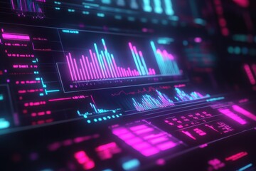 Futuristic stock market data visualization glowing line and bar charts