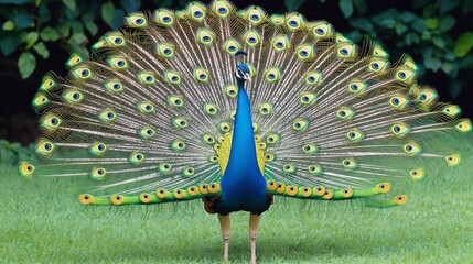 A vibrant peacock displaying its iridescent tail feathers in full fan, standing on a grassy field.