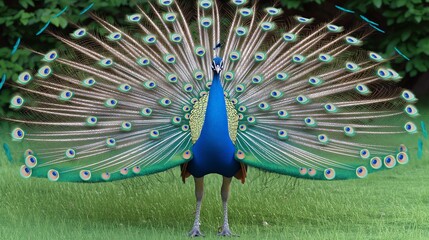 A vibrant peacock displaying its iridescent tail feathers in full fan, standing on a grassy field.