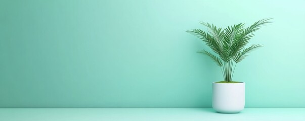 Modern potted plant with long green leaves against a mint green background in minimalistic interior decor