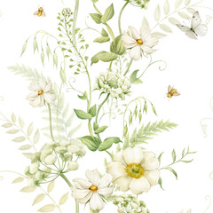 Seamless pattern with white flowers watercolor illustration drawn by hand and isolated from the background.