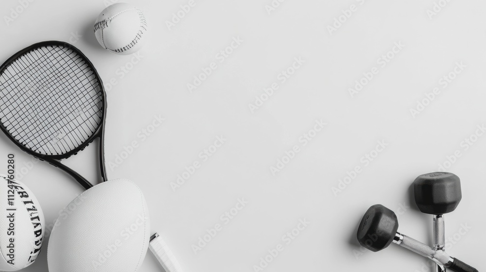 Aufkleber football, tennis racket, and dumbbell are neatly arranged on a plain background, providing ample spa