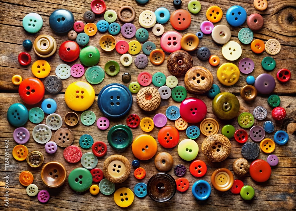 Poster a vibrant collection of colorful buttons displayed on a wooden surface, showcasing various sizes and