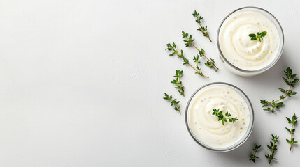 Probiotic digestion concept. Two glasses of creamy dessert topped with fresh thyme, set against a minimalist background.