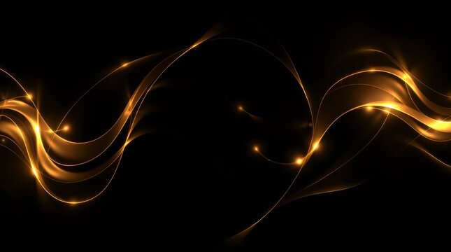 Golden Abstract Waves: A mesmerizing dance of light and shadow, a dynamic composition of flowing golden lines and glowing particles against a backdrop of deep, luxurious black. - Powered by Adobe