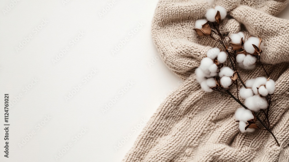 Poster top view of a knitted plaid and cotton branch on a white background with space for text