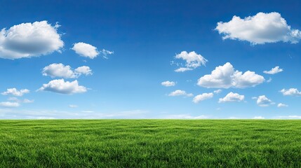 Fototapeta premium Green field under blue sky with clouds. Nature landscape.