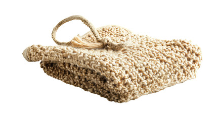 Fototapeta premium A handmade burlap pouch with a decorative tassel, perfect for storing small items, displayed on a white background on transparent background