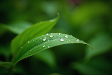 Obraz premium Close-up single green leaf water droplets background green environment