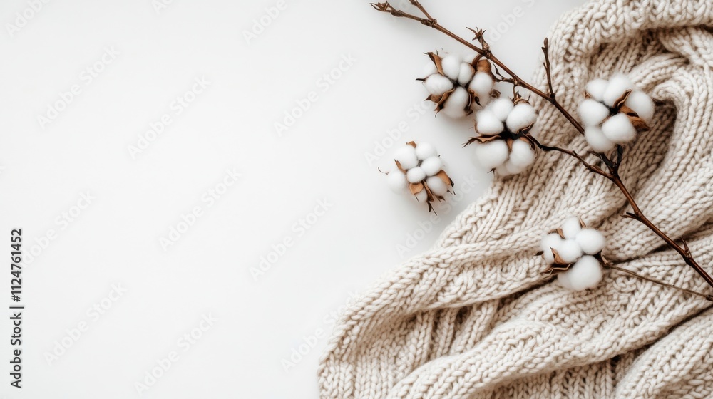 Poster top view of a knitted plaid and cotton branch on a white background with space for text