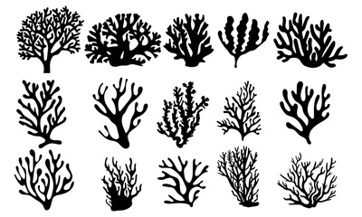 Set of sea corals and seaweed black silhouette. Aquarium plants, underwater ocean flora, algae. Vector illustration isolated on white background.