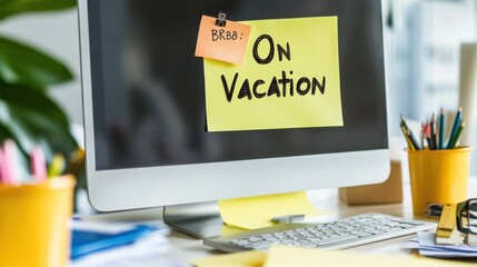 Desk with Note Indicating Vacation Status