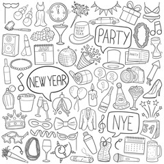 Obraz premium New Year Eve Doodle Icons Black and White Line Art. Holiday Clipart Hand Drawn Symbol Design.