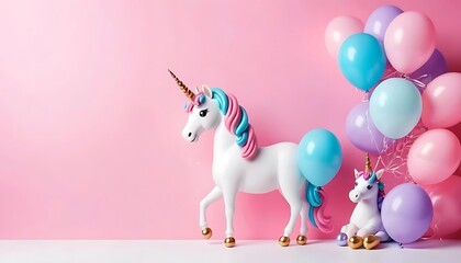 birthday cake with balloons isolated and unicorn isolated on pink background
