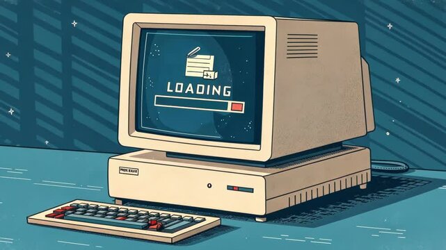 Static Background A vintage computer screen is filled with a loading animation surrounded by a frame of flickering static. The load bar fills slowly moving from left to right while
