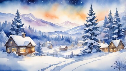 Naklejka premium Watercolor winter scene with snowfall, trees, and a serene Christmas sky in the background. 