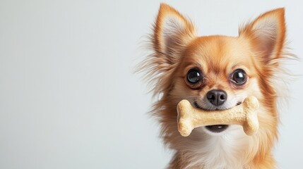 A small dog posing with a bone in its mouth, set against a stark white backdrop with room for text.