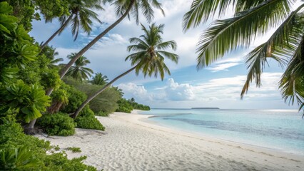 Tropical Beach Paradise Palm Trees, White Sand, Azure Waters