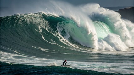 Surfer Rides Immense Wave Dynamic Composition, Teal and White Hues, Oceanic Power