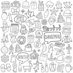 Christmas Doodle Icons Black and White Line Art. Santa Claus Clipart Hand Drawn Symbol Design.