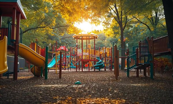 A vibrant playground at sunset, inviting children to play and explore.