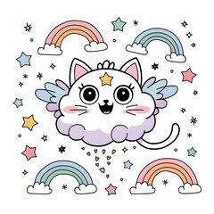 illustration of a cute cloud cat with tiny wings and a star surrounded by pastel color mini rainbows