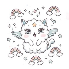 illustration of a cute cloud cat with tiny wings and a star surrounded by pastel color mini rainbows