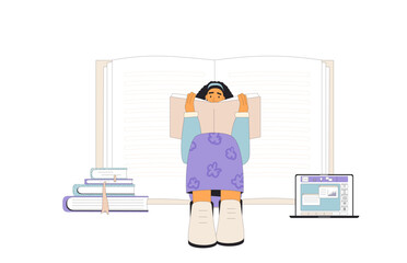 Student research. Student sitting on the floor reading a textbook isolated on white background. Vector illustration