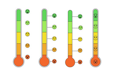 Emotion scale thermometers set. Mental health tool. Stress level measurement collection. Feeling and mood chart. Anger indicator symbol isolated on white background. Vector outline flat illustration