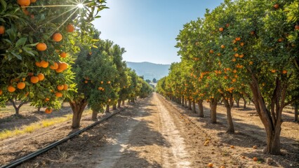 Sunlit Orange Grove Rows of Trees, Ripe Fruit, Golden Hour Light