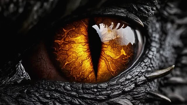 Video close up of a reptilian dragon's eye, blinking yellow amber snake like eye