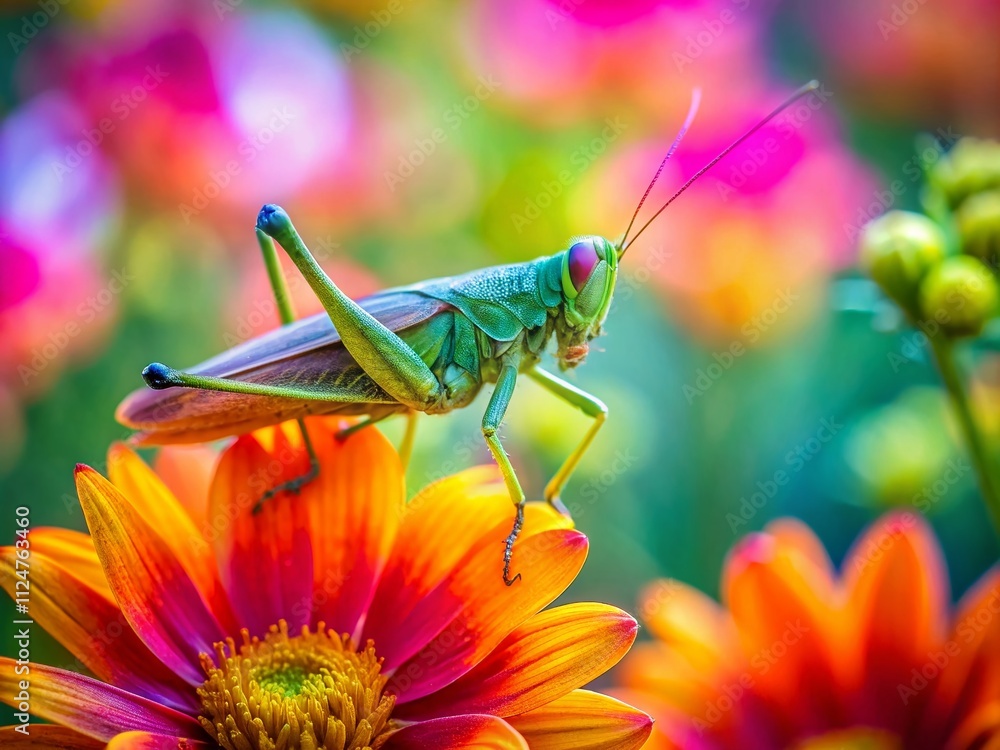 Poster a vibrant grasshopper perched gracefully on a blooming flower with soft focus background and ample c