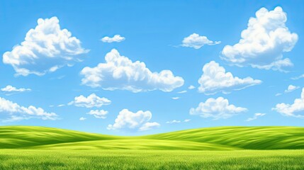 Obraz premium Green field with blue sky and clouds. Nature landscape.