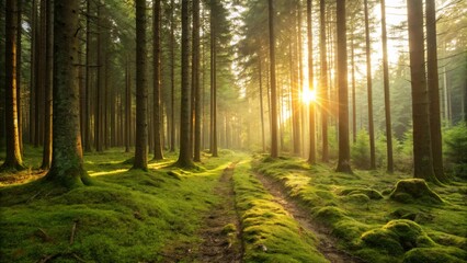 Naklejka premium Sunlit Forest Path Mossy Ground, Tall Trees, Golden Hour