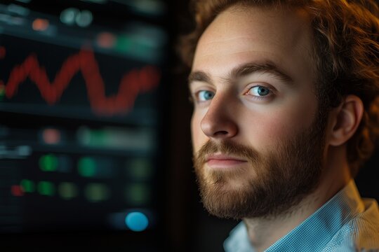 A detailed digital graph showcasing stock market trends and trading data, with a trader's face prominently featured in the center