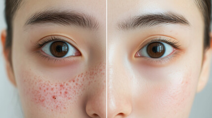 Fototapeta premium Cosmetology Beauty Procedures, Asian Woman, Treatment Dermatology, Acne, Before and After Banner