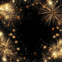 Golden fireworks explode in a celebratory frame against a black background.