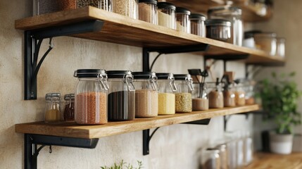 Kitchen shelves holding jars of spices and bulk foods for sustainable storage