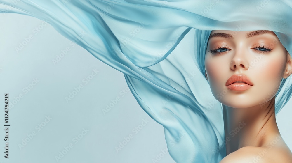 Poster capture of a woman with flowing blue fabric creating an ethereal atmosphere in a soft light setting
