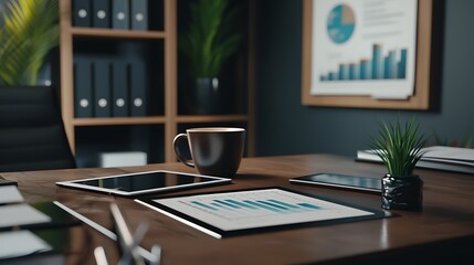 A desk with a black coffee cup, two tablets, and a plant