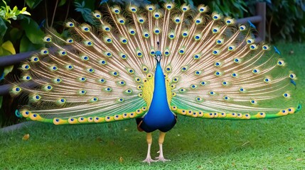 A vibrant peacock displaying its magnificent tail feathers in full fan, standing on lush green grass.