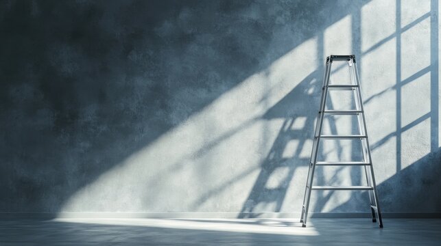 A sturdy aluminum ladder standing against a blank gray wall in a freshly built room, symbolizing construction or maintenance