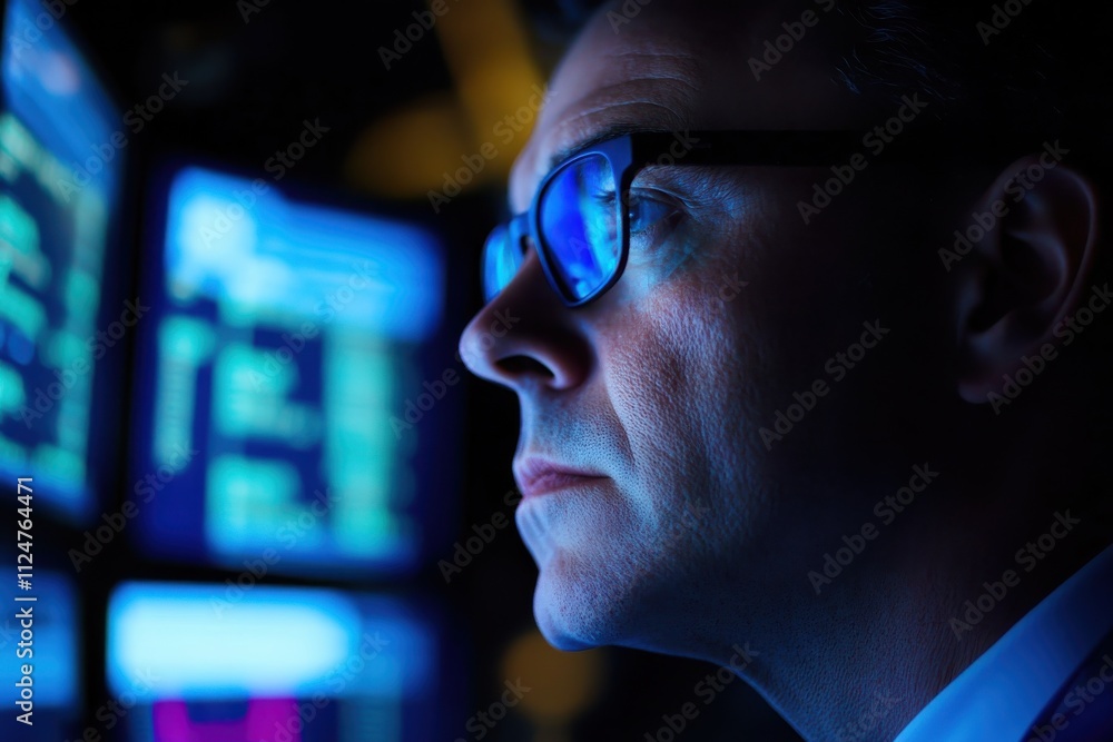 Poster man analyzing stock market multiple computer screens economic data charts wearing glasses