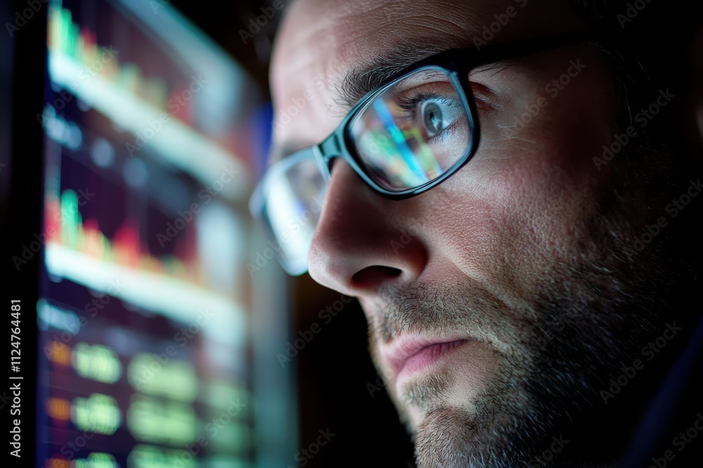Poster man analyzing stock market multiple computer screens economic data charts wearing glasses