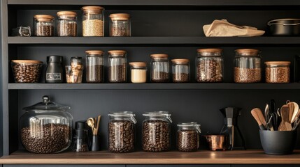 A shelf filled with glass jars of coffee beans and gourmet ingredients