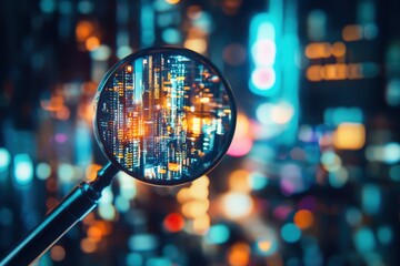 Magnifying glass digital code bokeh lights, futuristic cityscape